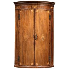 George III Period Bowfront Corner Cupboard with Satinwood Marquetry Inlays