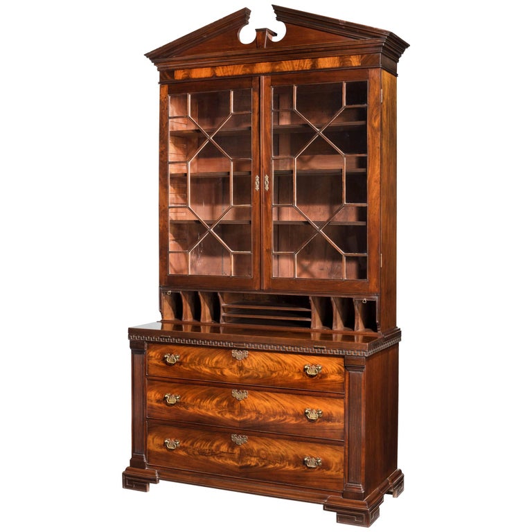 Chippendale period mahogany secretaire bookcase with well fitted