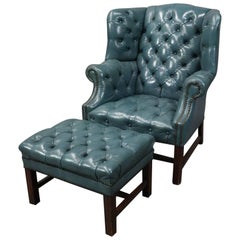 Vintage Hepplewhite Style Leather Chesterfield Wingback Chair and Ottoman, circa 1960