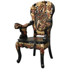 Chinese Heavily Carved Polychrome Throne Chair, Phoenix & Dragon, circa 1960