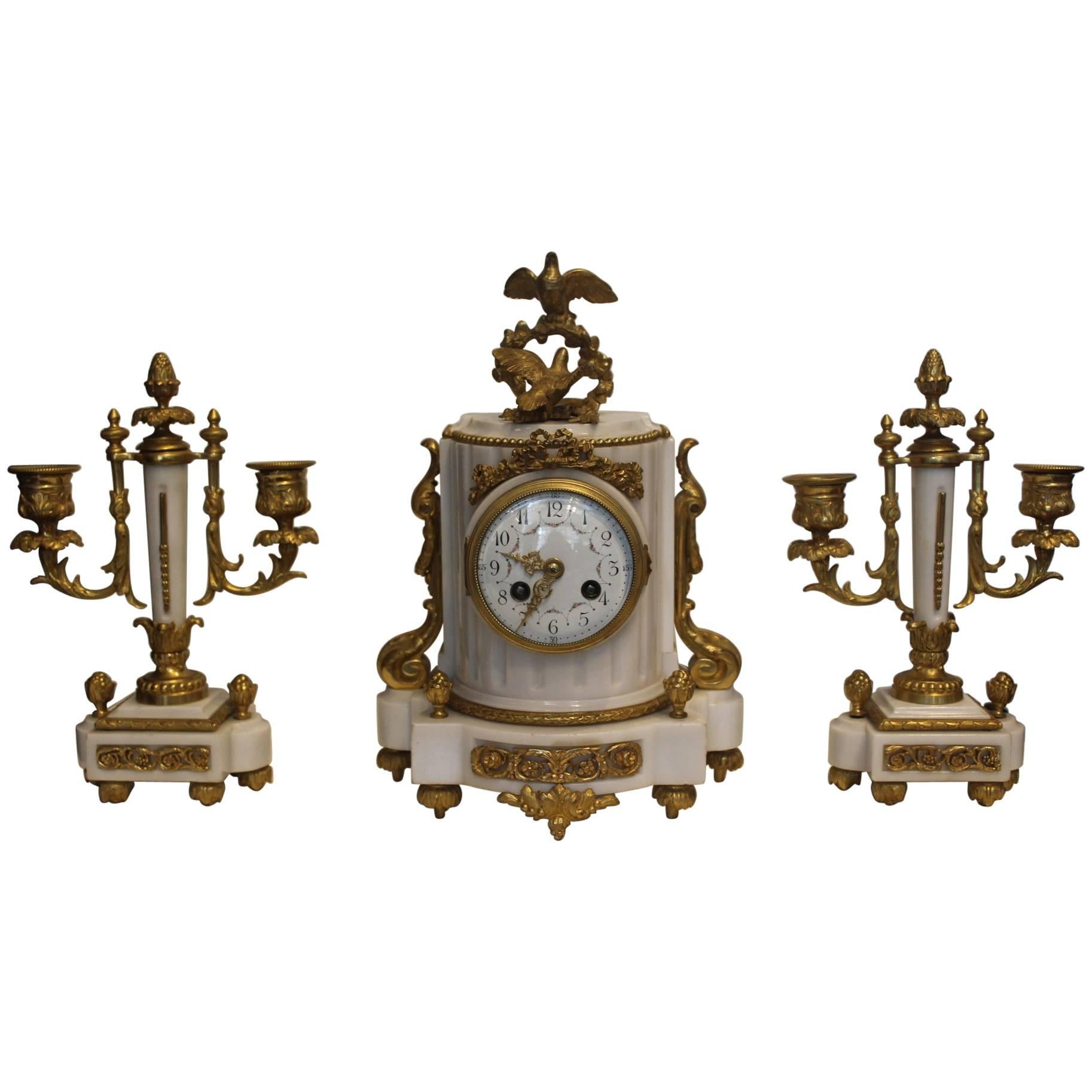 Early 20th Century White Marble Clock Garniture For Sale