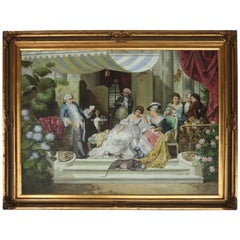 Monumental Vintage English Signed Oil on Canvas Painting, Gathering