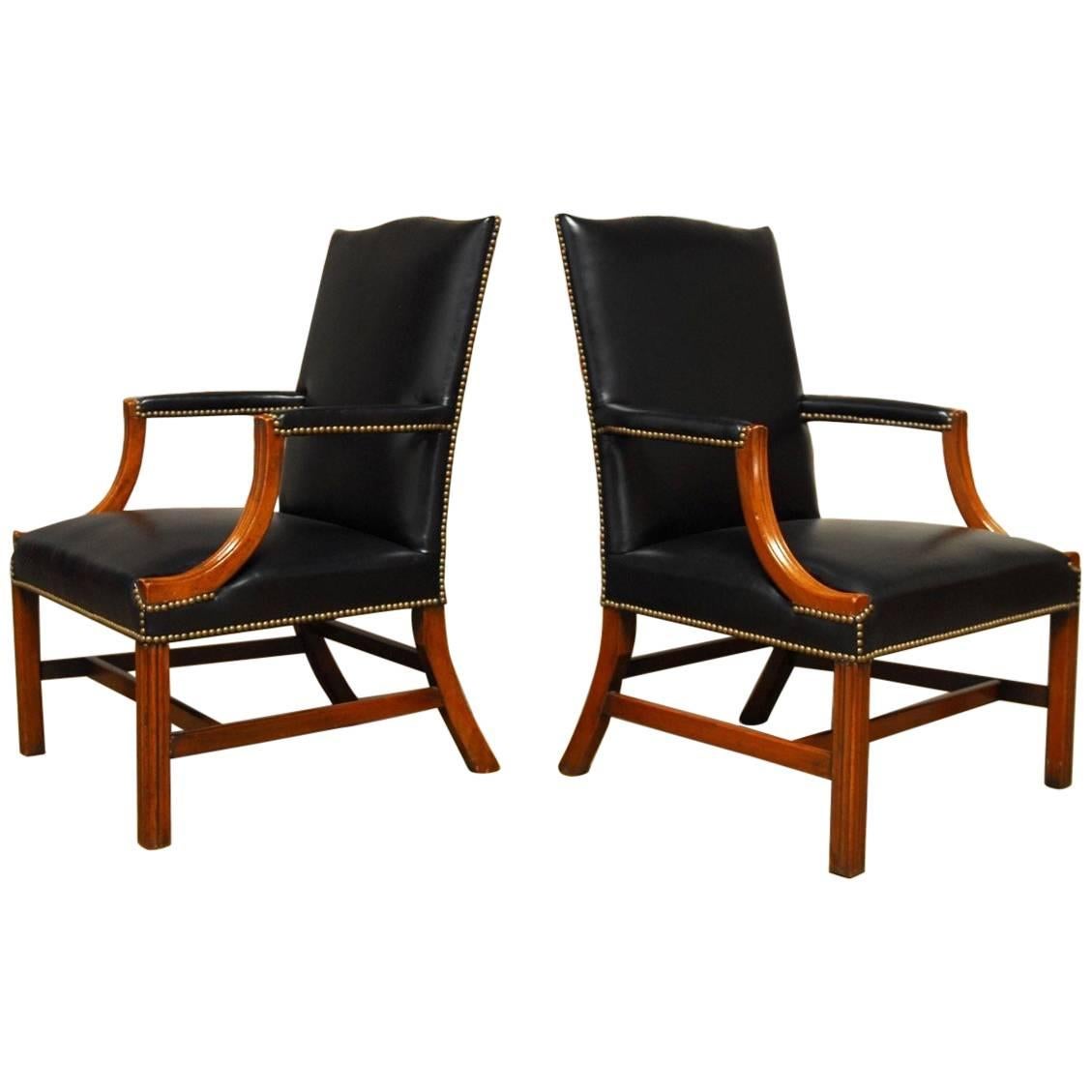 Famous Pair of Black Leather Mahogany Gainsborough Library Chairs