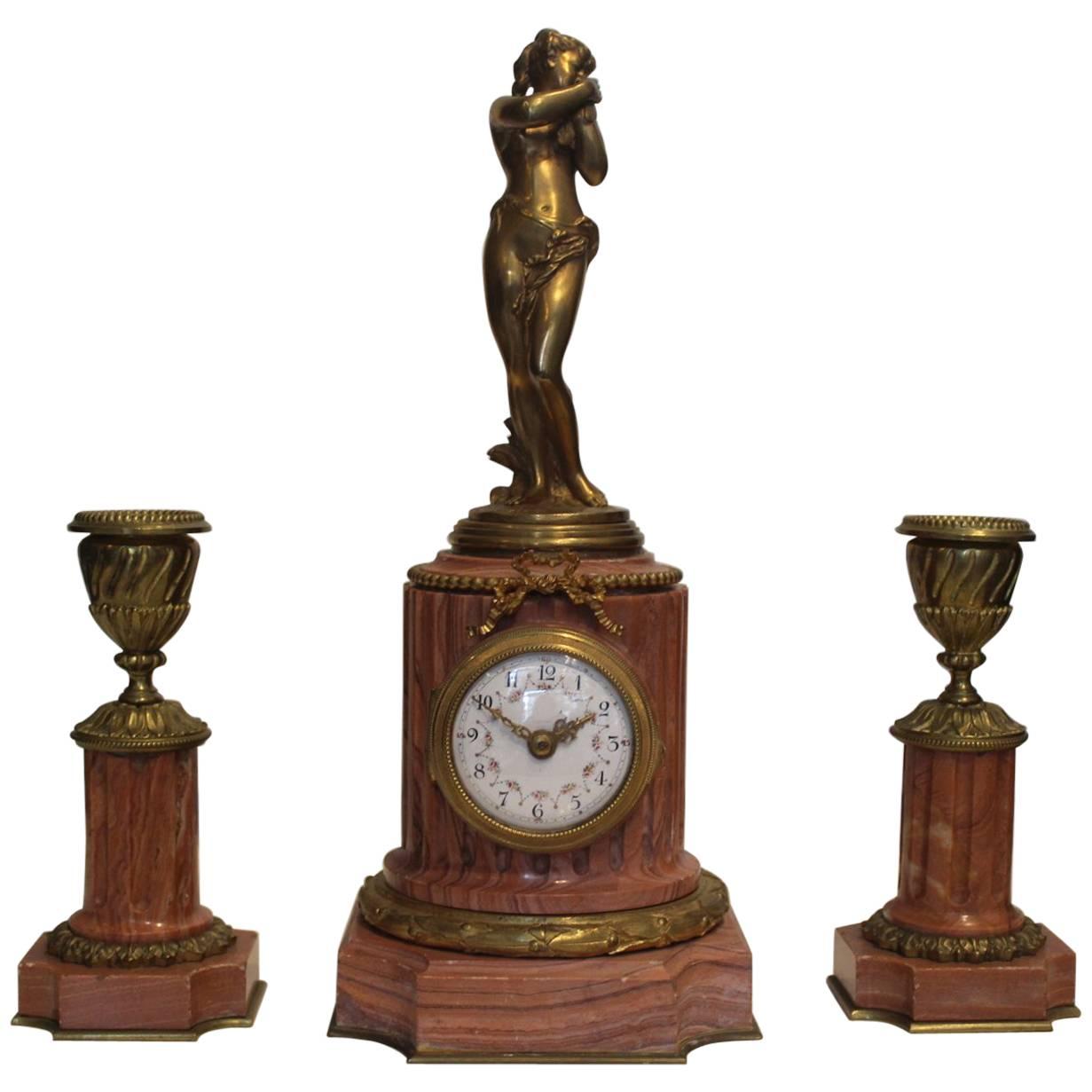 Miniature Clock Garniture in Marble and Ormolu For Sale