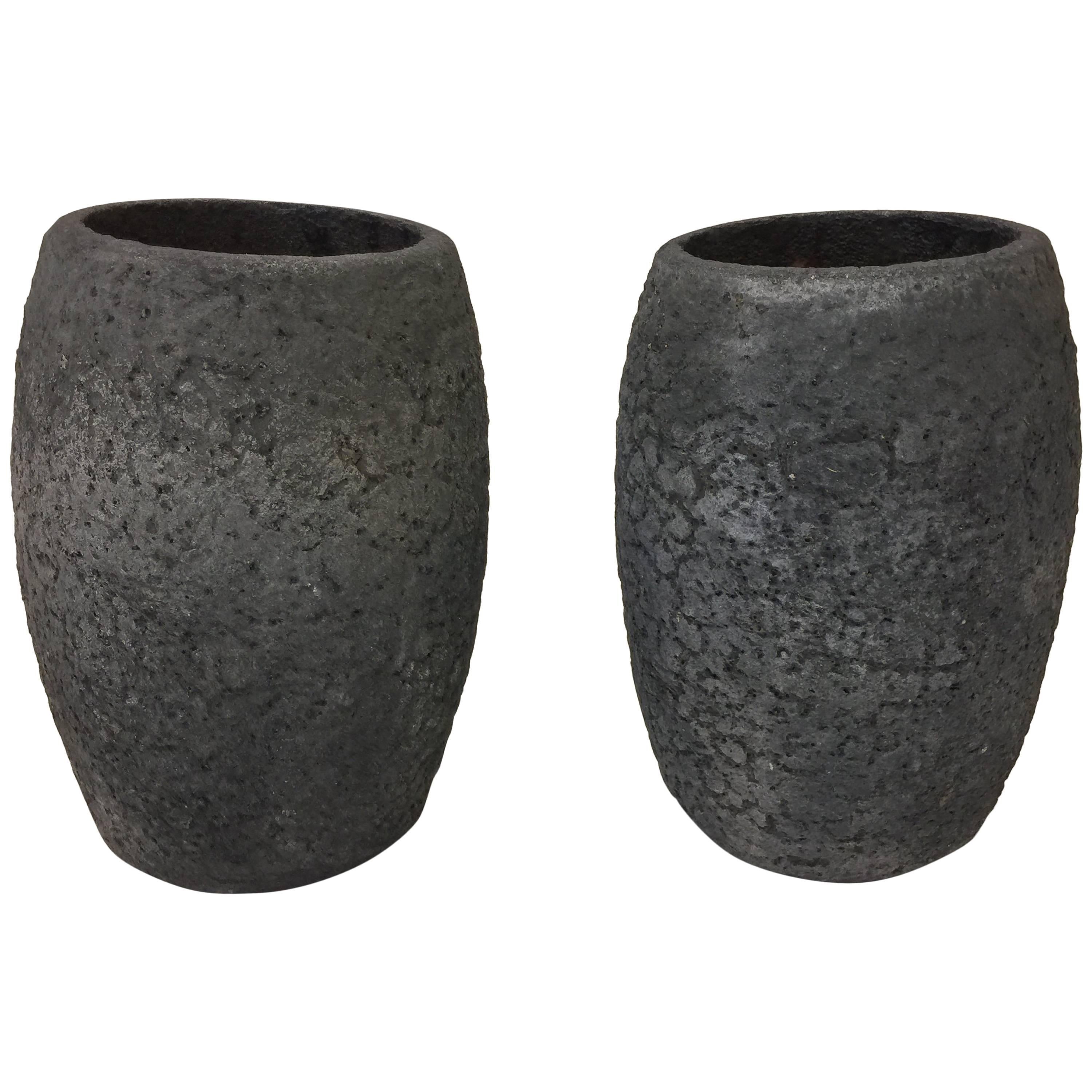 Pair of Crucibles in Volcanic Stone Textured Finish For Sale