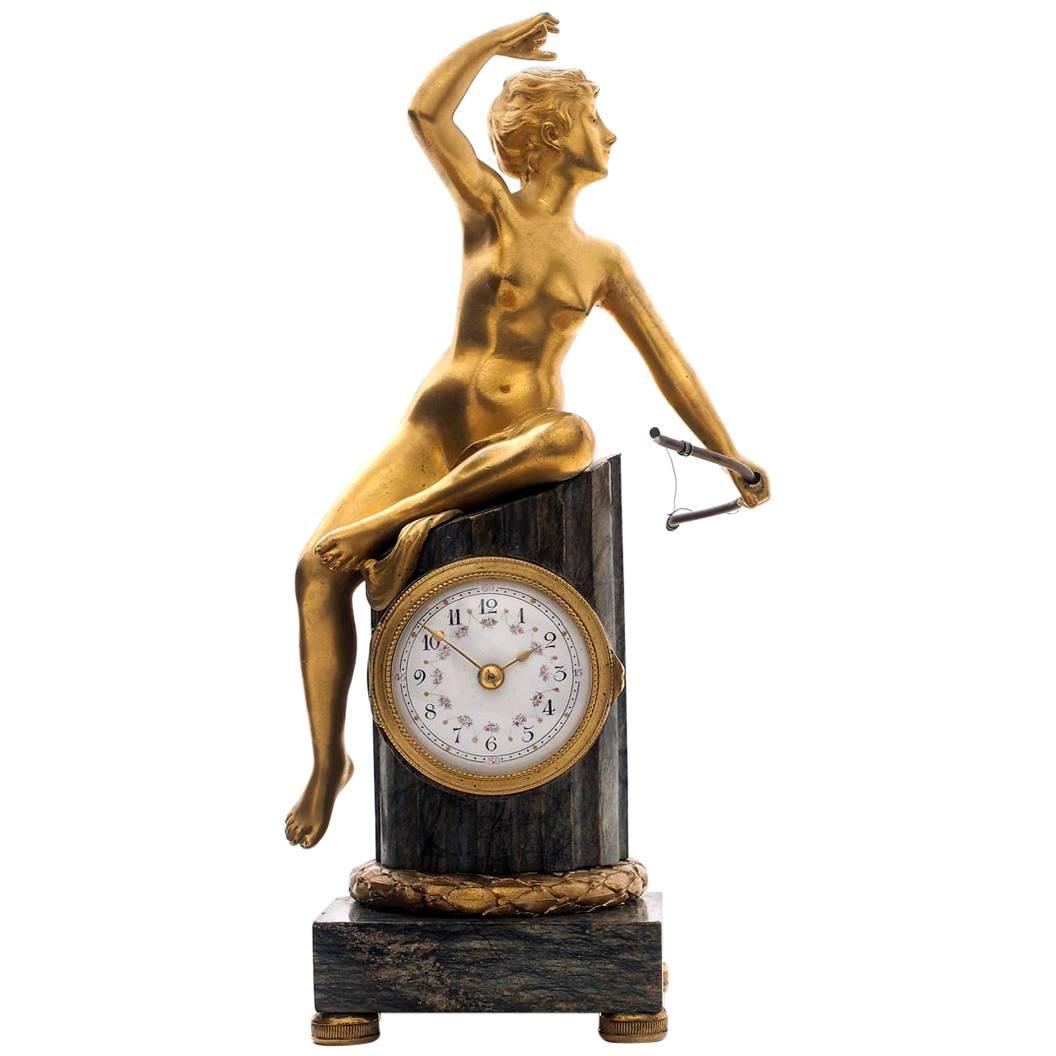 Early 20th Century Miniature Clock Featuring Diana the Huntress For Sale