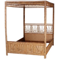 Mid-Century Queen-Size Bamboo and Grasscloth Canopy Bed