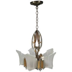 Antique Art Deco Slip Shade Five-Light Chandelier, Crown and Shield, circa 1920