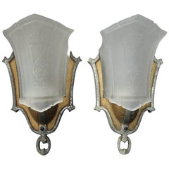 Pair of Antique Art Deco Slip Shade Sconces, Crown and Shield, circa 1920