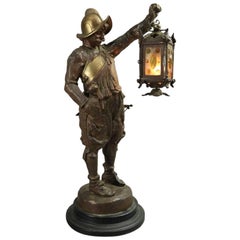 Antique Bronzed Metal Figural Medieval Warrior Sculpture Lamp, circa 1900
