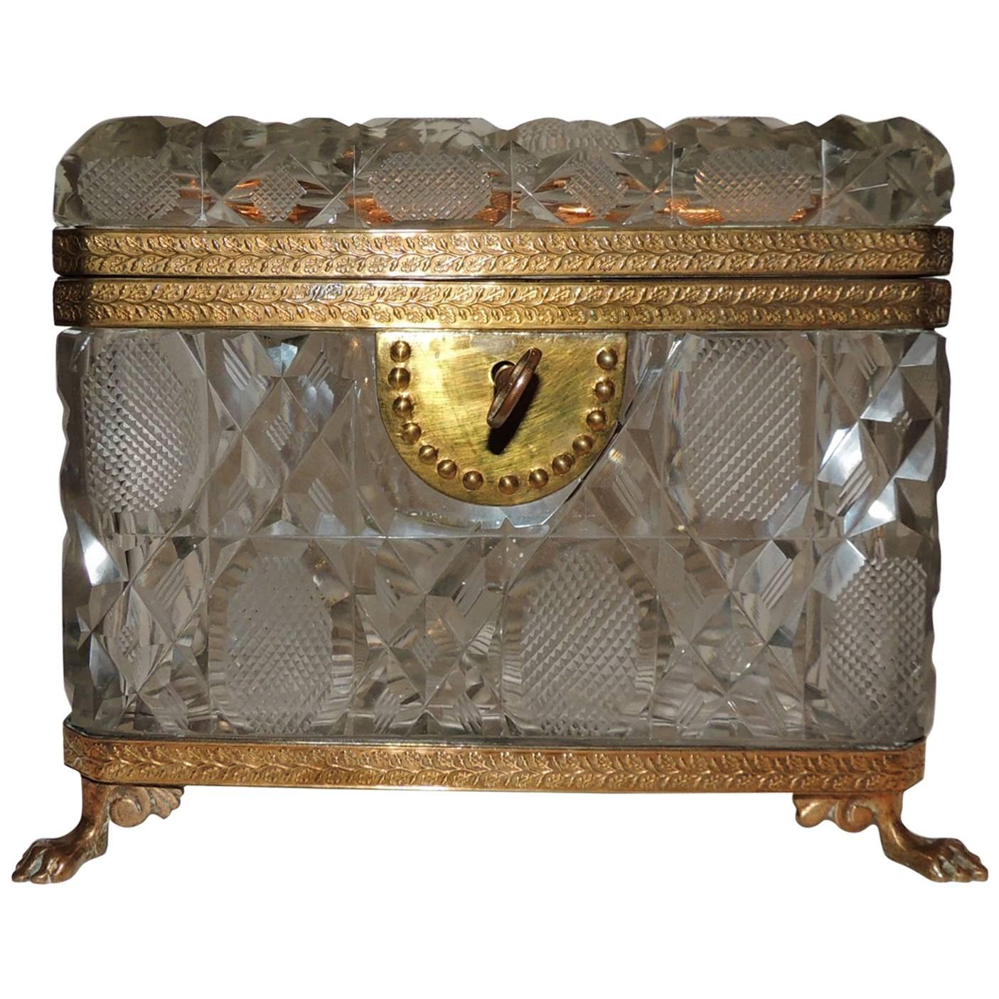 French Faceted Cut Crystal Bronze Ormolu-Mounted Casket Jewelry Box