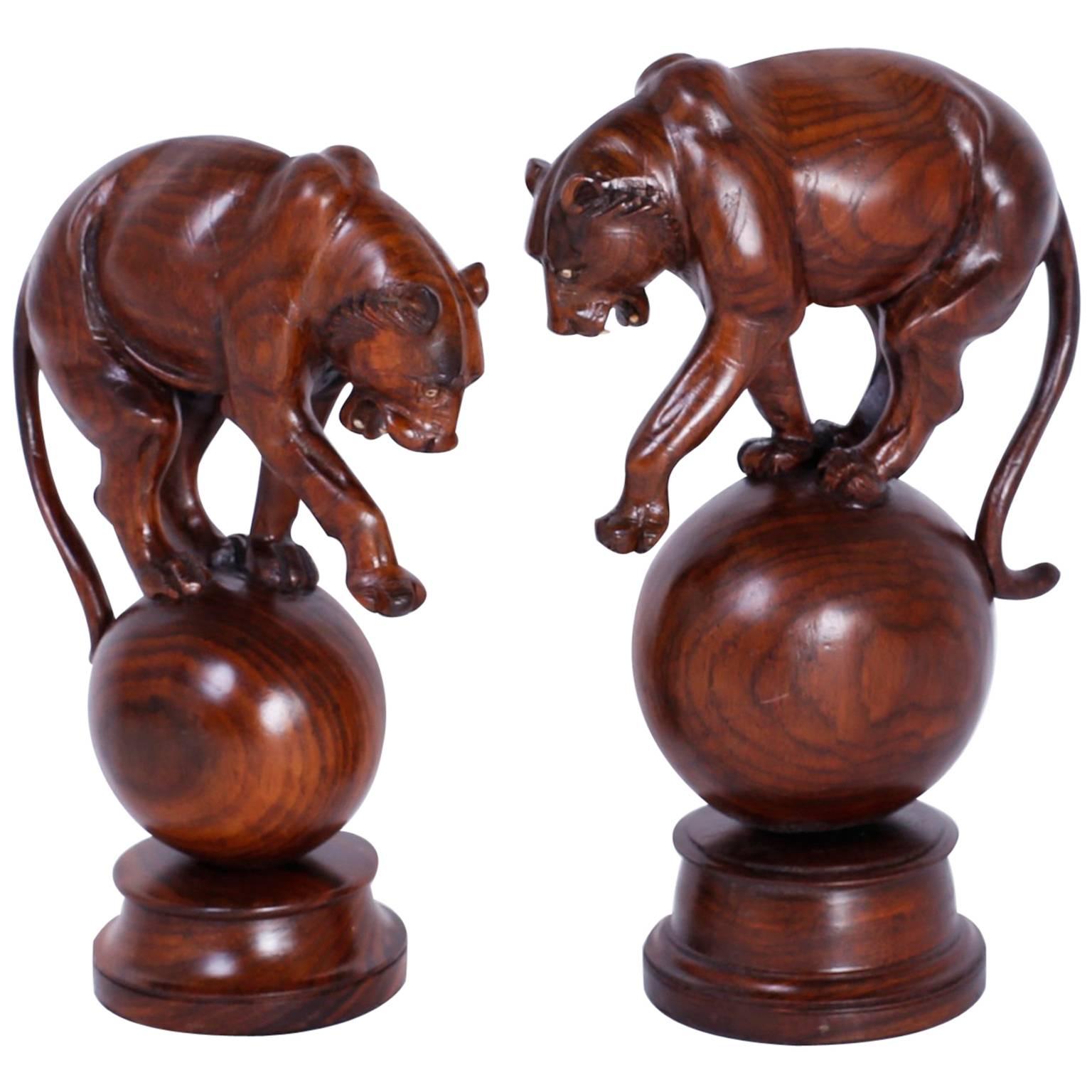 Pair of Anglo-Indian Mahogany Tiger Sculptures