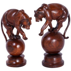 Vintage Pair of Anglo-Indian Mahogany Tiger Sculptures