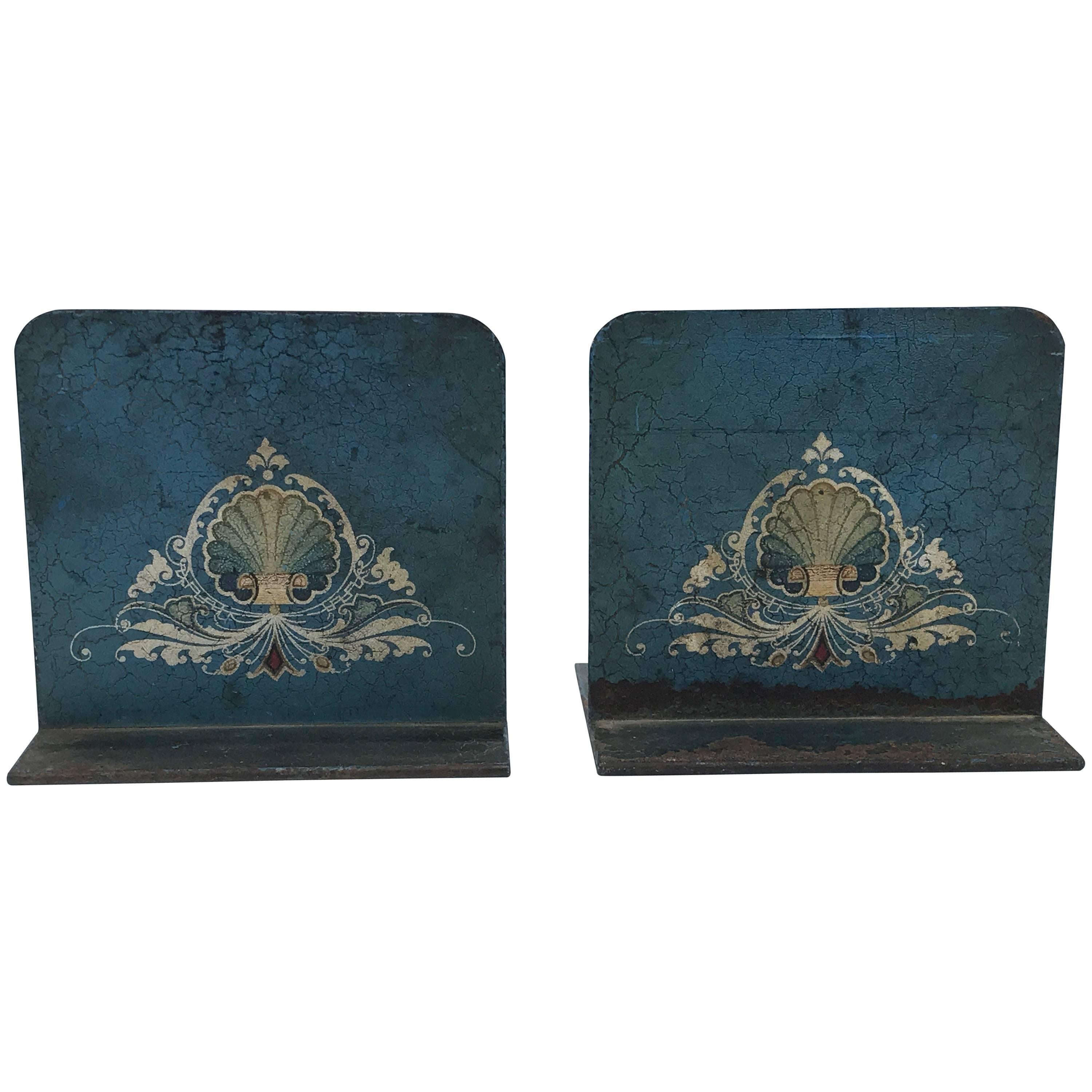 1950s Italian Tole Hand-Painted Blue Bookends with Crest Motif, Pair