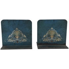 Pair of 1950s Italian Tole Hand-Painted Blue Bookends with Crest Motif 10