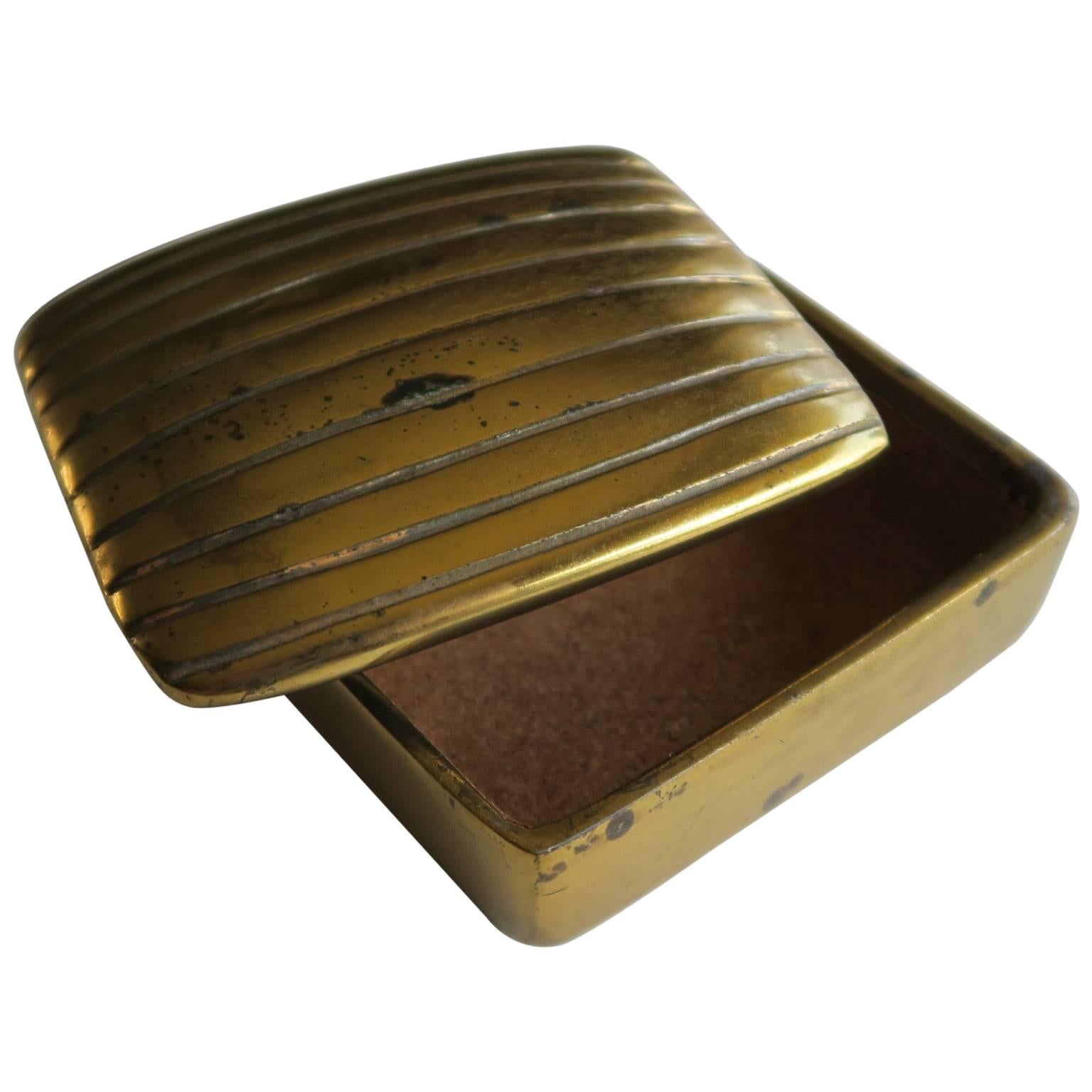 Vintage Decorative Brass Plated Metal Box in Rectangular Form with Lines Design For Sale