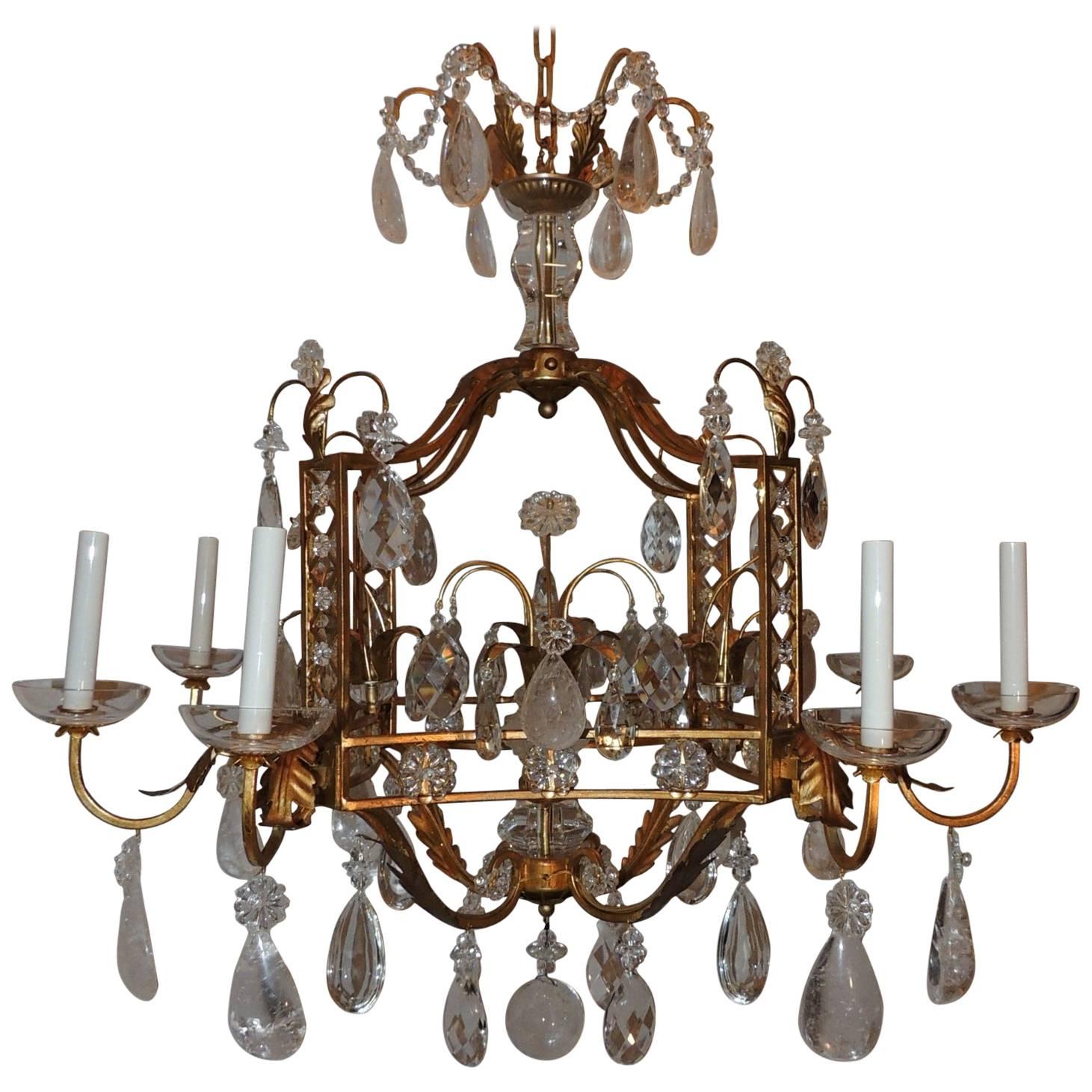 French Louis XVI Baguès Rock Crystal Eight-Light Square Mid-Century Chandelier