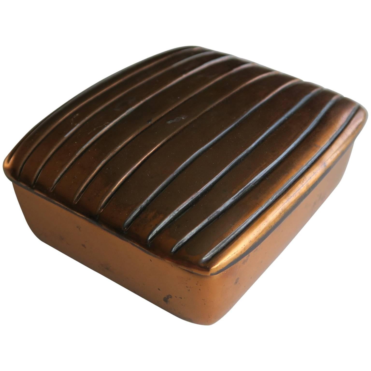 Vintage Decorative Copper-Plated Metal Box in Rectangular Form with Lines Design For Sale