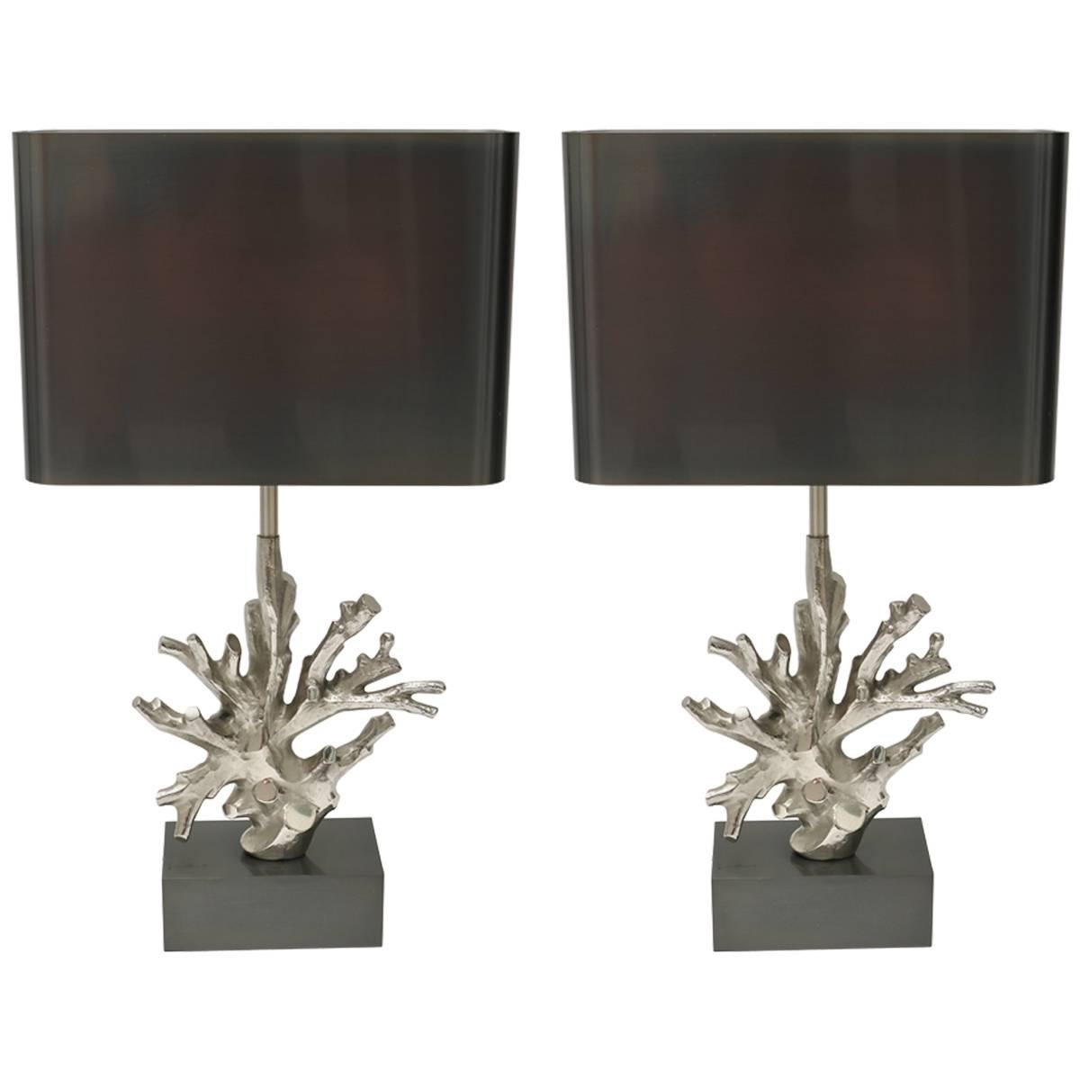 Pair of Coral-Form Table Lamps in Silver and Gunmetal Coloration