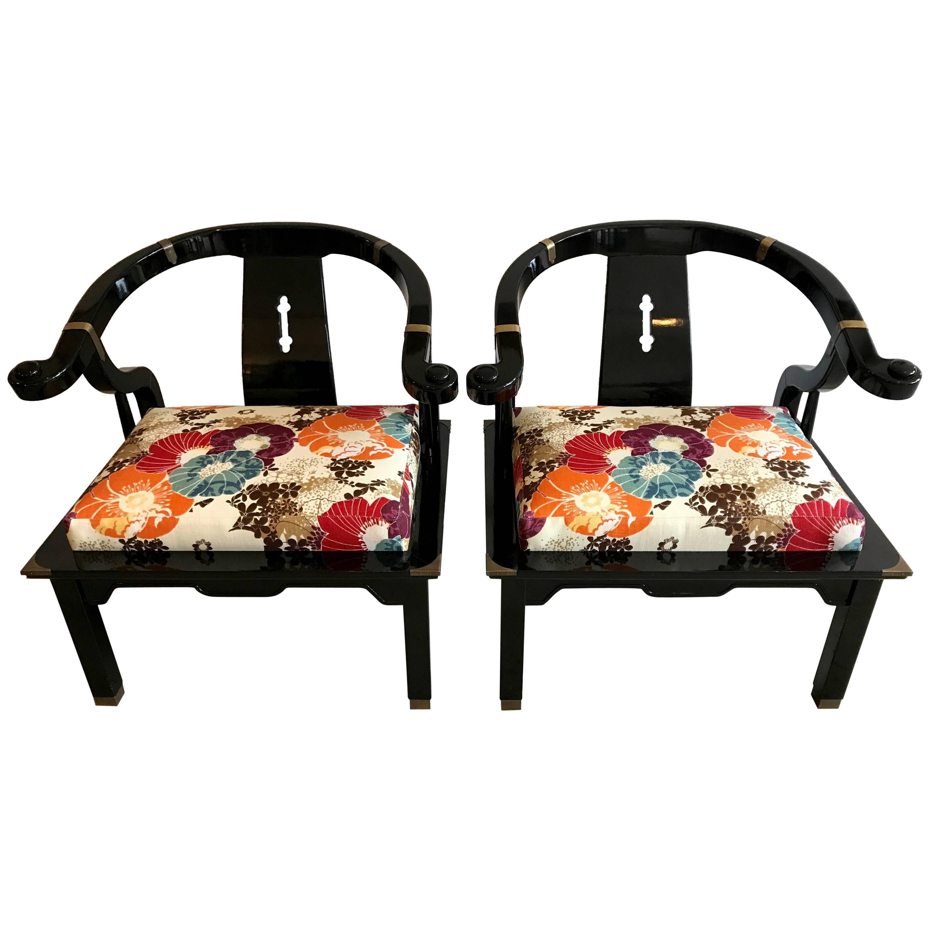 Pair of James Mont Style Chinese Black Lacquer Horseshoe Back Club Chairs 1970's
