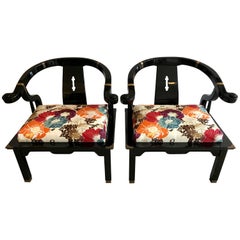 Pair of James Mont Style Chinese Black Lacquer Horseshoe Back Club Chairs 1970's