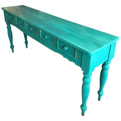 Vintage Shabby Chic Beach Cottage Farmhouse Teal Console, Pine Painted, Five Drawers
