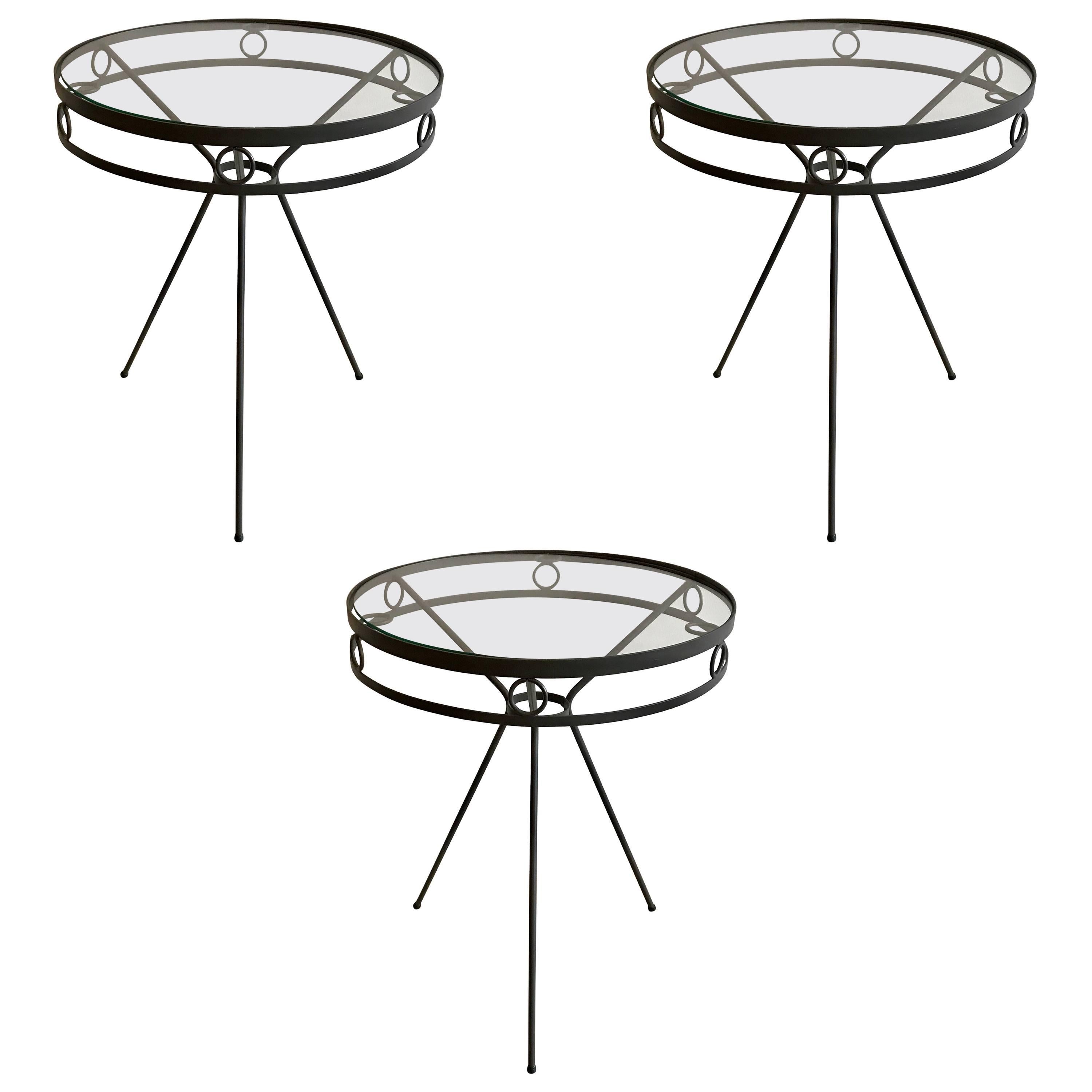 Mid Century Iron and Glass Garden Café Tables or Side Tables, 1950s
