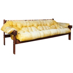 Percival Lafer Rosewood, and Distressed, Tufted, Yellow Leather, Sofa, Brazil