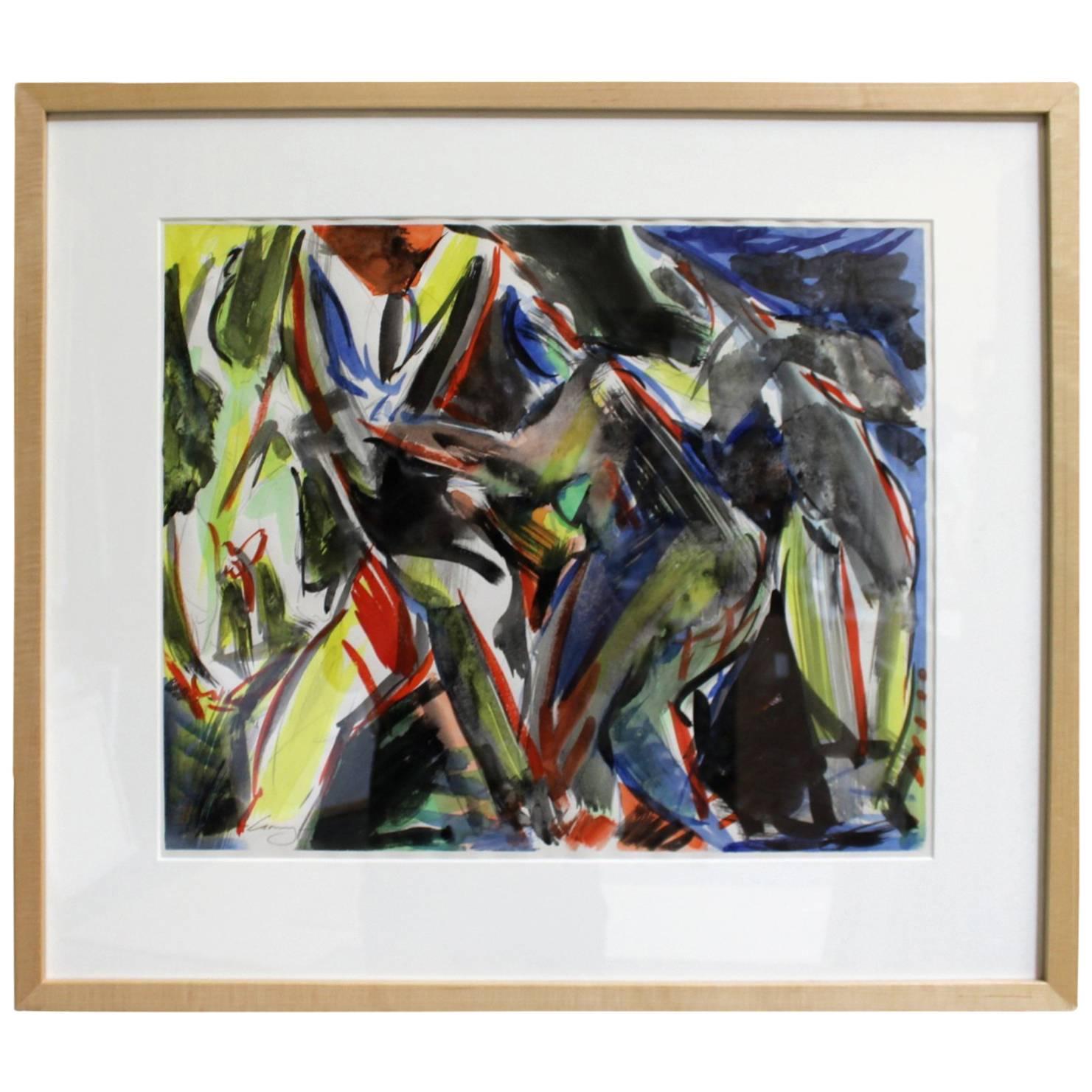 Framed, Abstract Watercolor on Paper by Artist Jacques Lamy For Sale