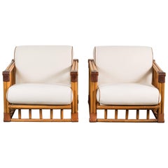 Pair of Leather and Rattan Lounge Chairs