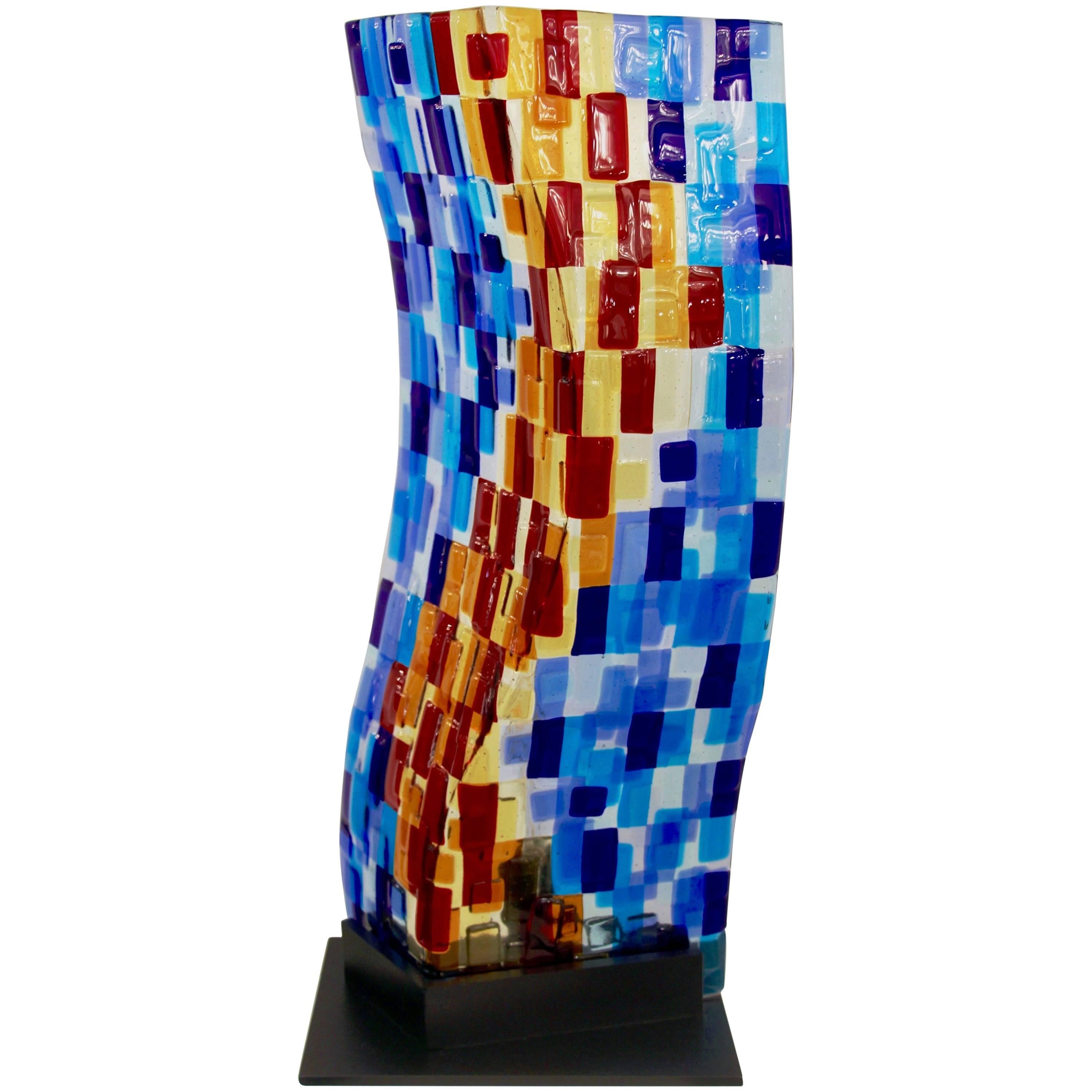 Contemporary Italian Aqua Blue Red Yellow Murano Glass Mosaic Sculpture Lamp For Sale