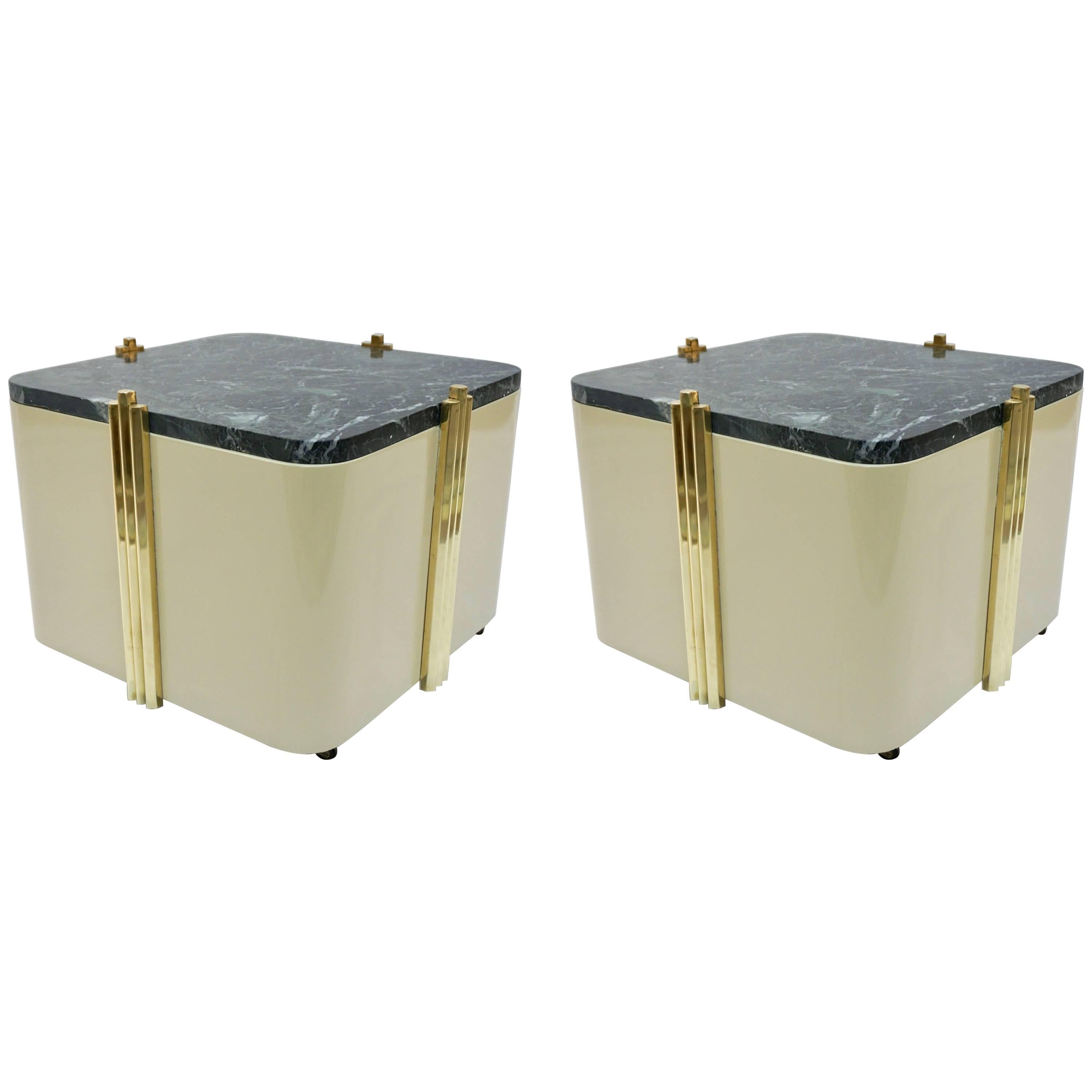 1970s Italian Pair of Cream White Lacquered & Green Marble Side Tables or Stools