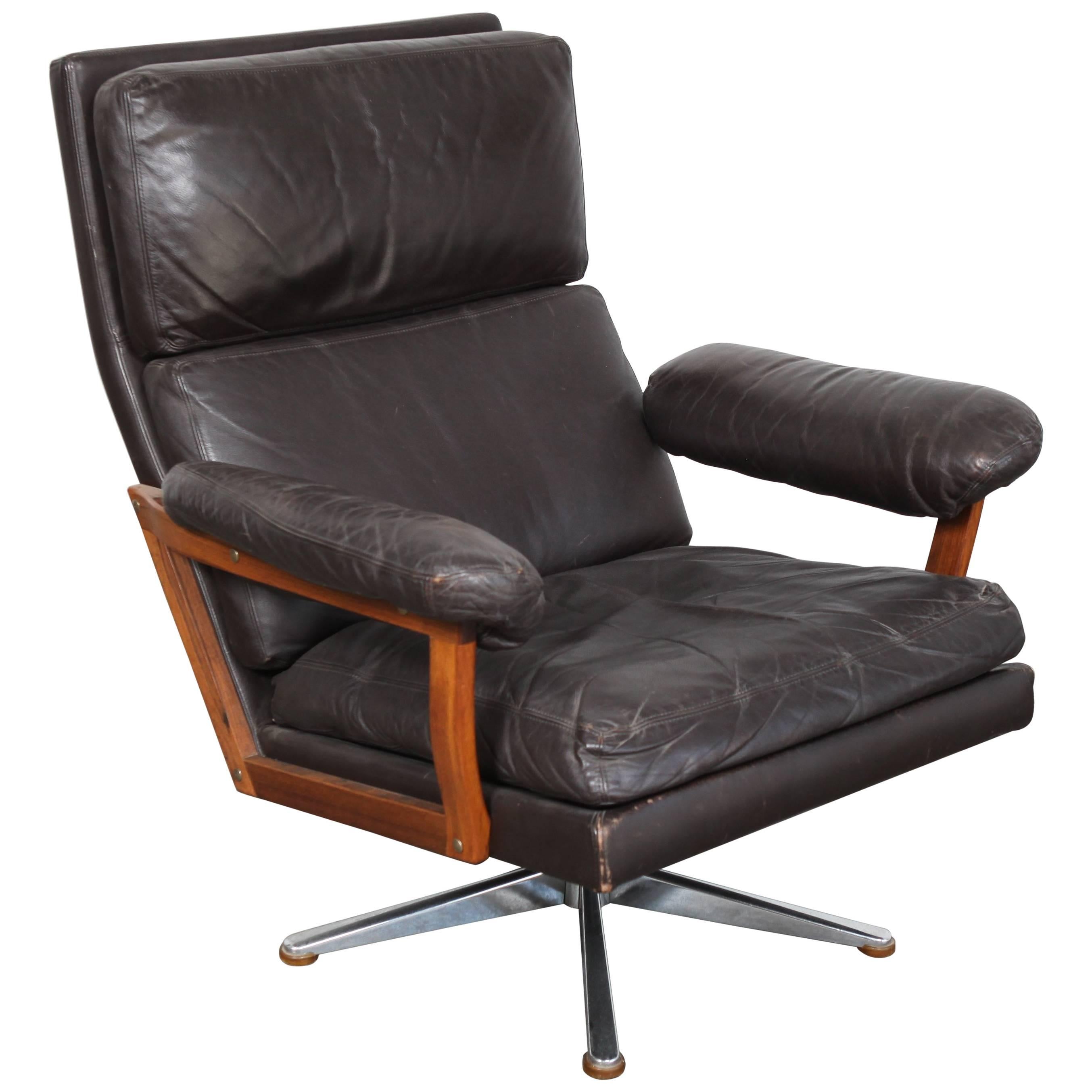 Danish Mid-Century Brown Leather Swivel Lounge Chair