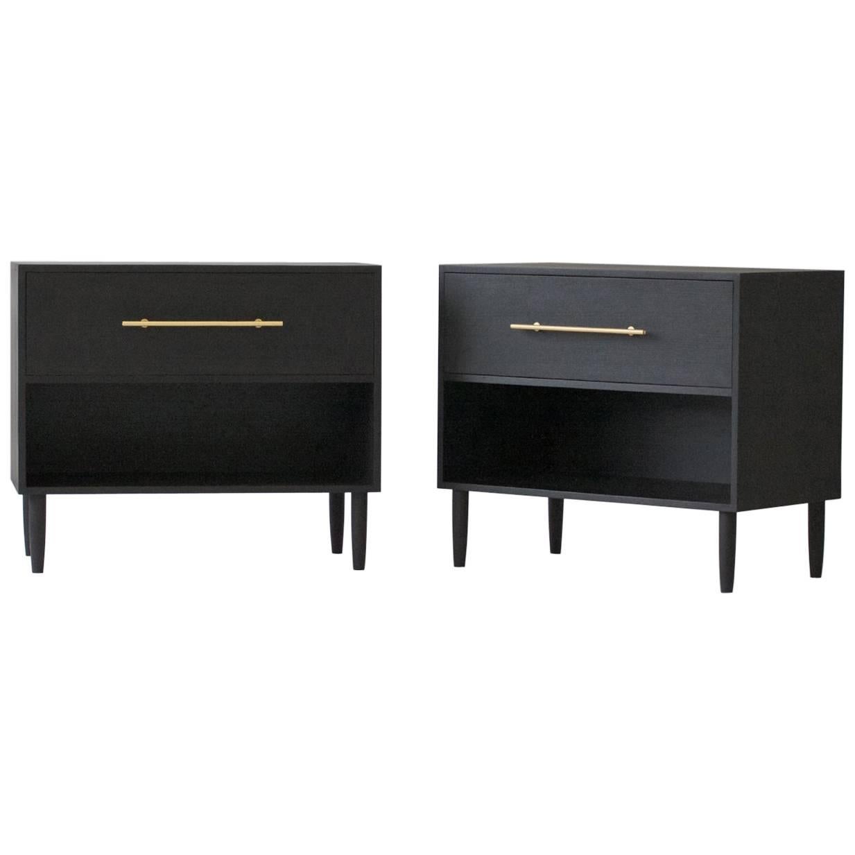 Modern Solid Wood Nightstands with Ebony Finish and Brass Hardware For Sale