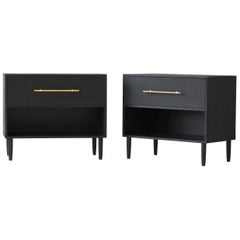 Modern Solid Wood Nightstands with Ebony Finish and Brass Hardware