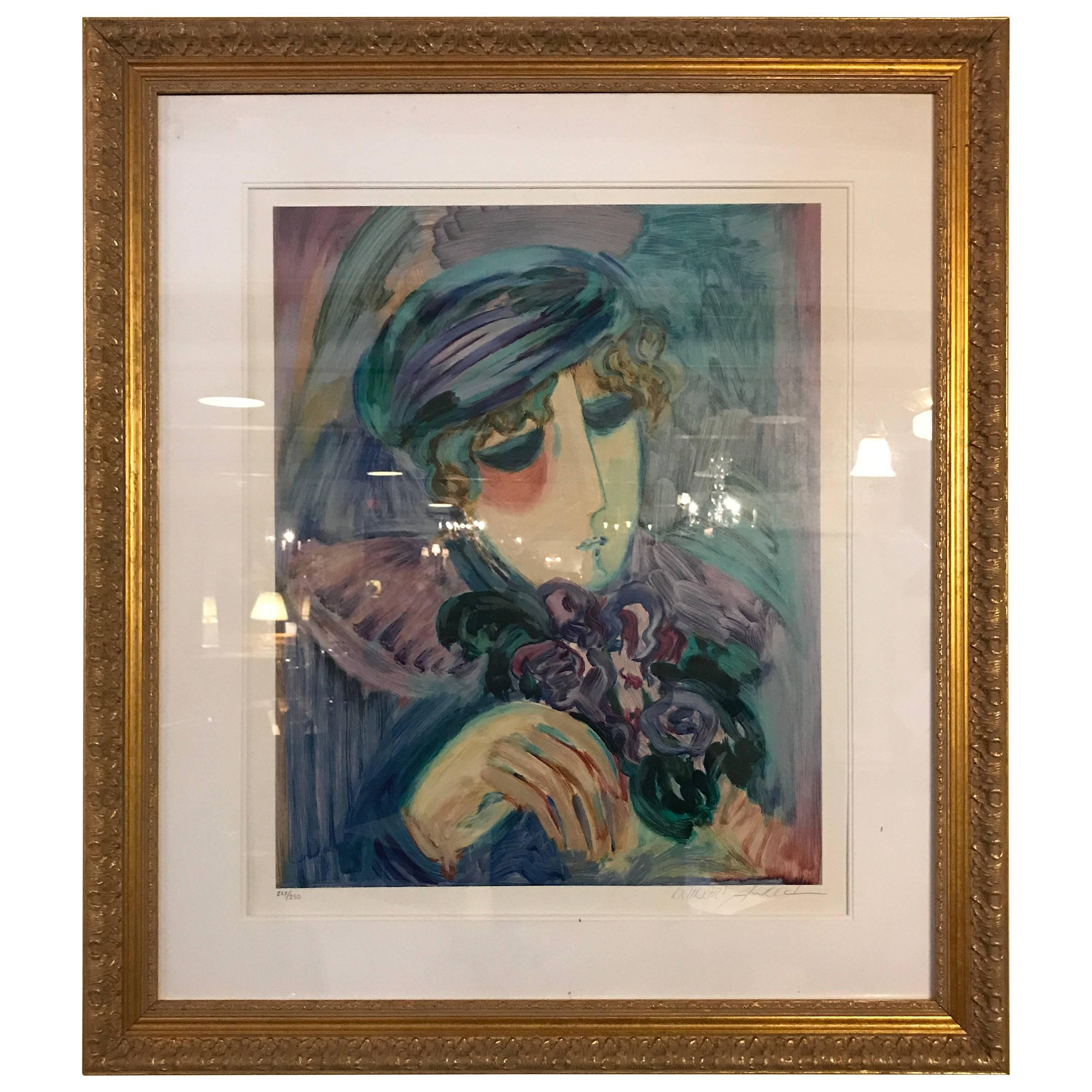 Finely Framed and Matted Lithograph by Barbara Wood Woman with Hat and Flowers