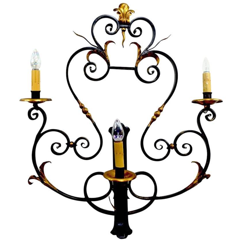 Large Paladio Wrought Iron and Gilt Italian or Spanish Style Sconce For Sale
