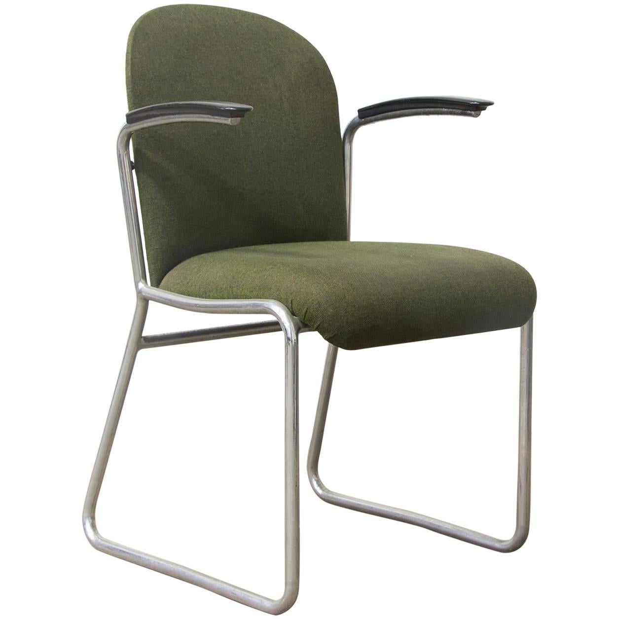 1935 W.H. Gispen pour Gispen, rare chaise d'appoint encadrée 413R, tissu vert d'origine