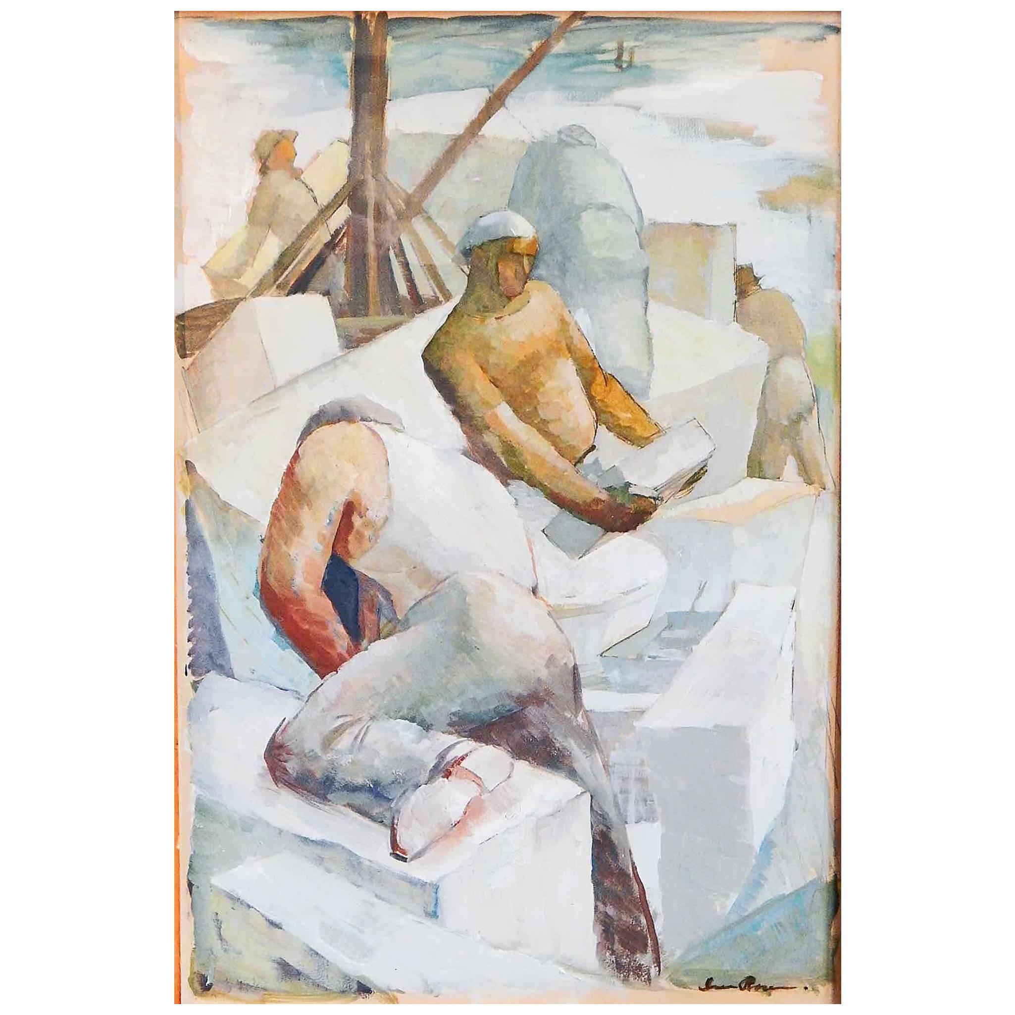 "Quarry Men", Représentation Art Déco-WPA saisissante d'ouvriers des années 1930, Rockport en vente