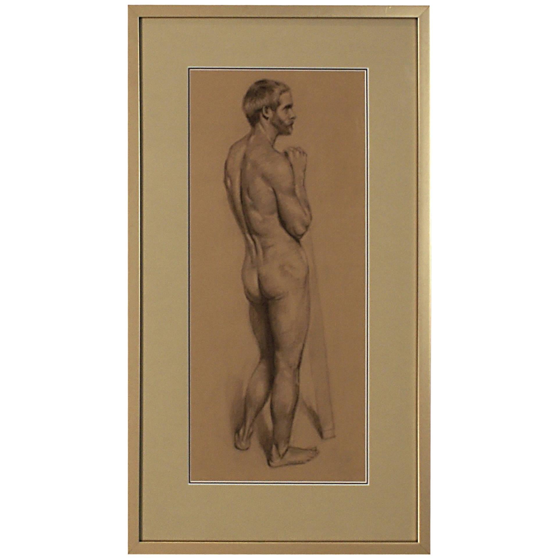 Vintage Academic Study of a Standing Male Nude  Signed Hull 77