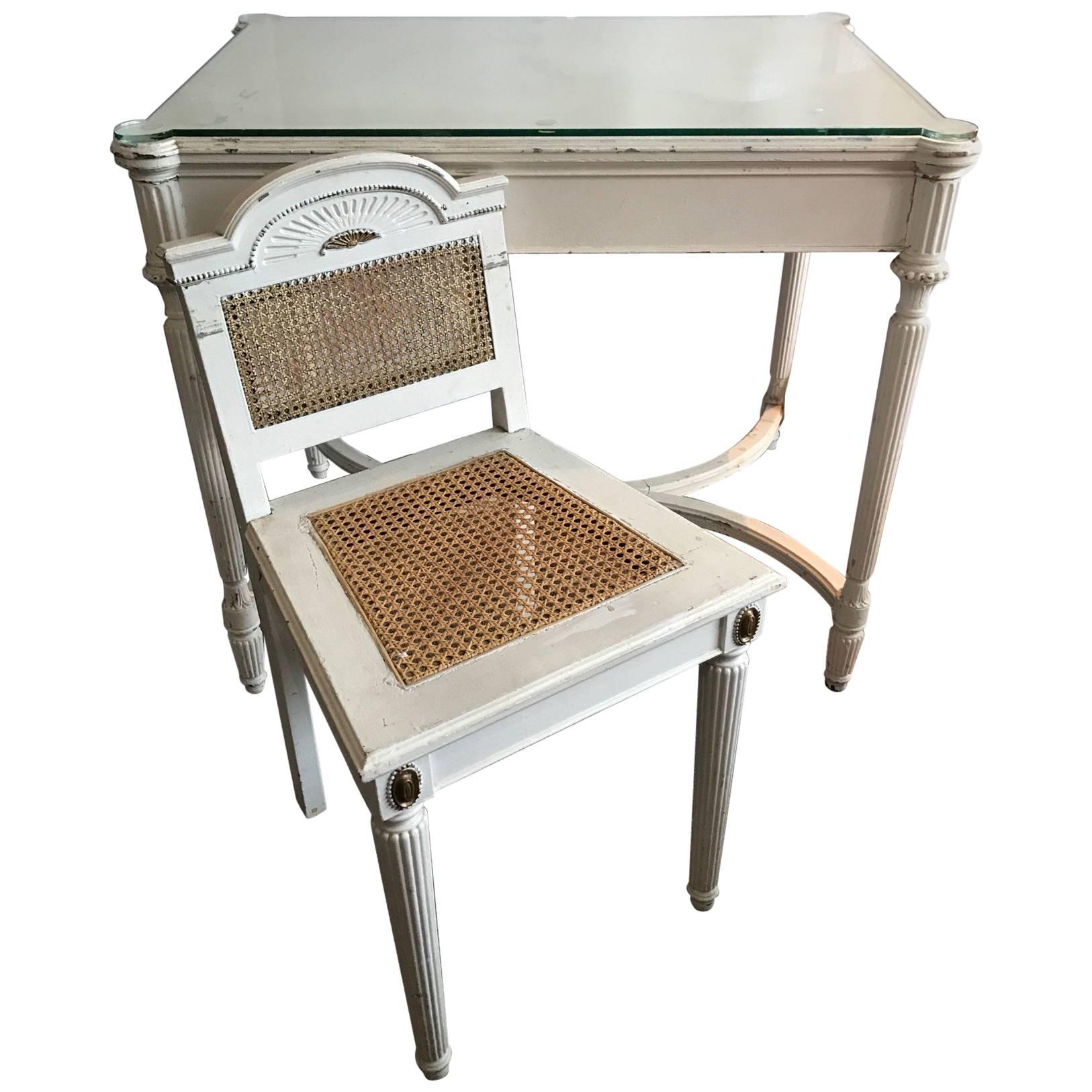 On Sale Now!  SALE! Maison Jansen Style Vanity or Desk Glass Top and Gilt Chair