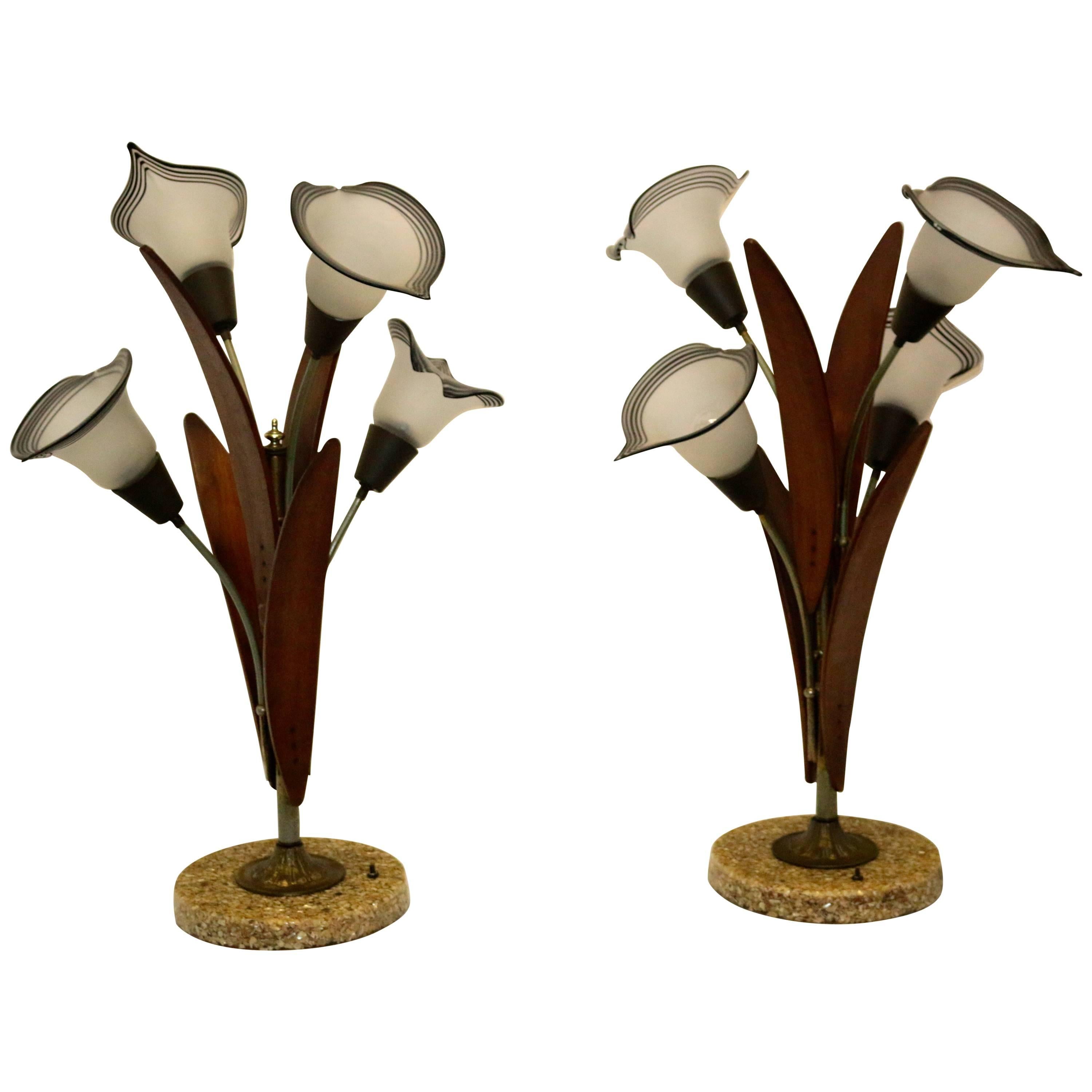 Pair of Mid-Century Teak Wood Table Lamps with Glass Shades