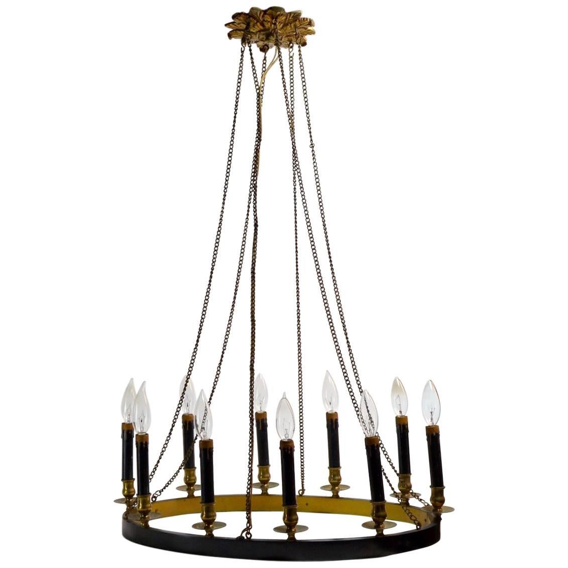 Classical Oval Ring Chandelier Brass and Blackened Metal Ten-Light Fixture