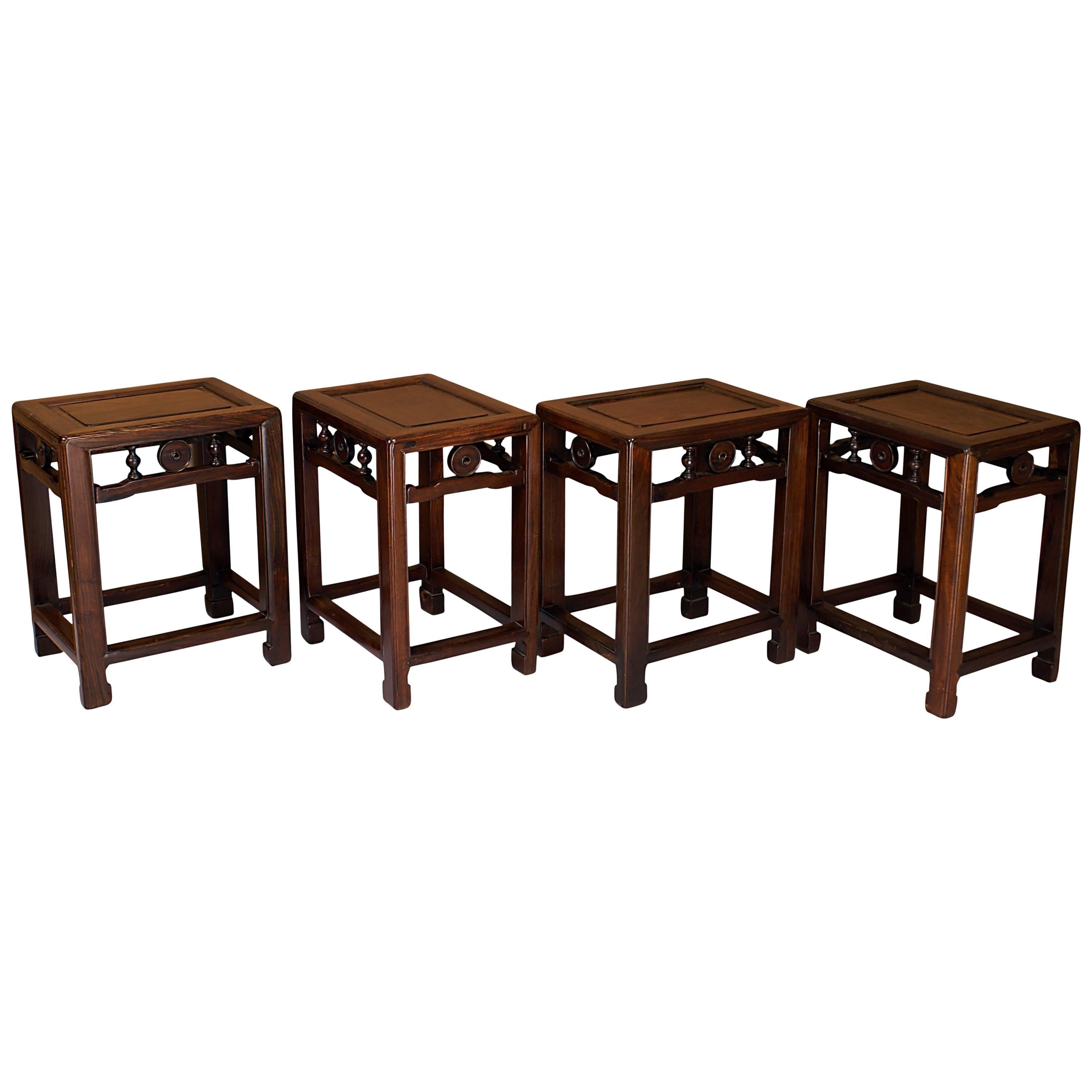 Four Chinese Hong Mu Stools in Ming Style, circa 1920