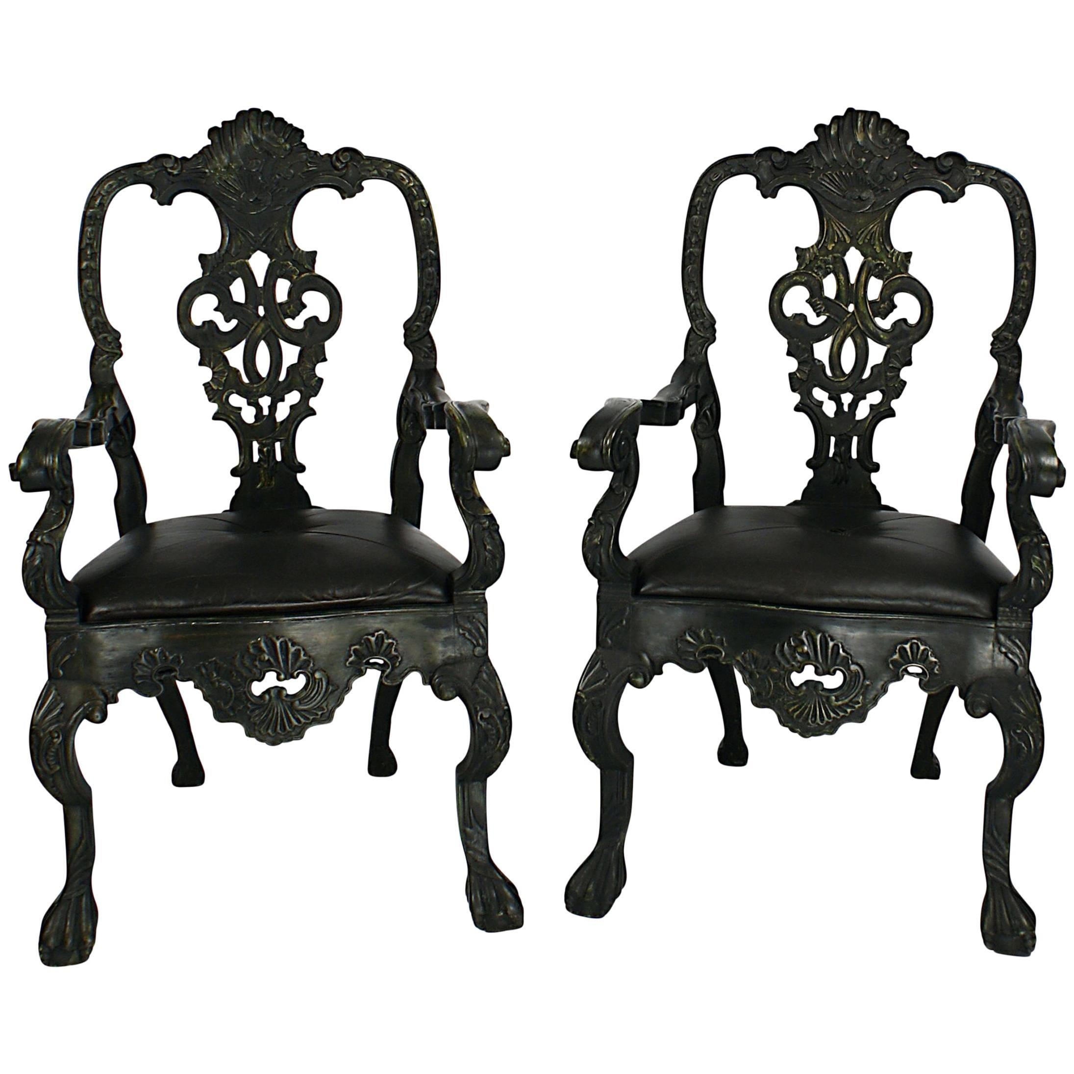 Portuguese Baroque Revival Bottle Green Painted Armchairs, circa 1900