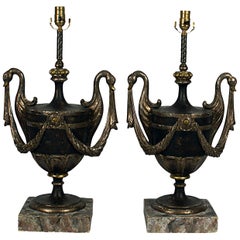 Hollywood Regency Italian Painted and Silver Gilt Urn Lamps, Italy, circa 1950