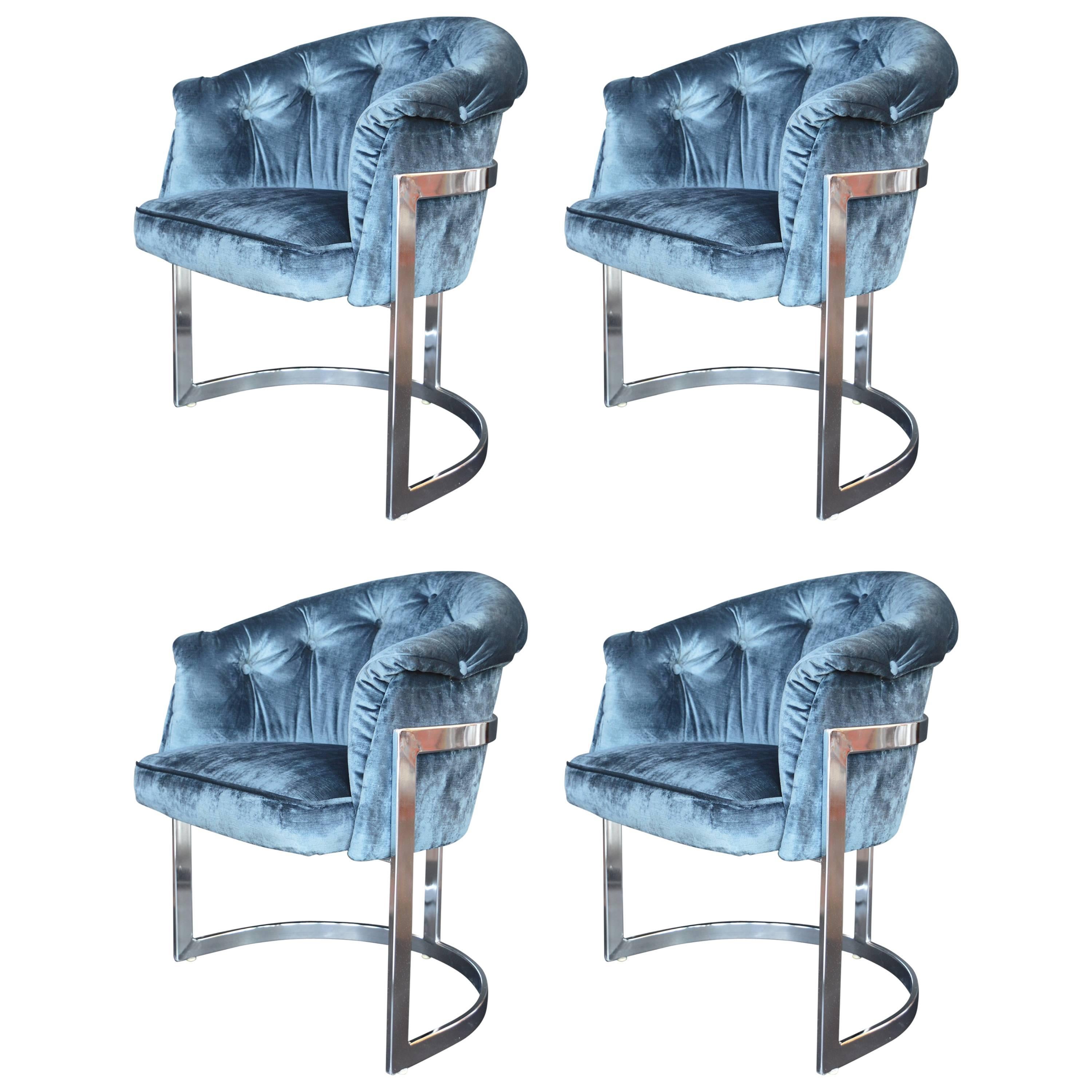 Set of Four Blue Velvet Milo Baughman Style Chairs