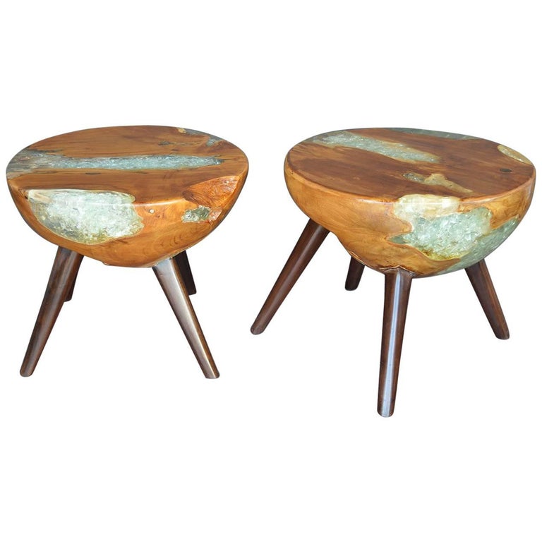 Pair of Wood and Resin Side Tables For Sale at 1stdibs