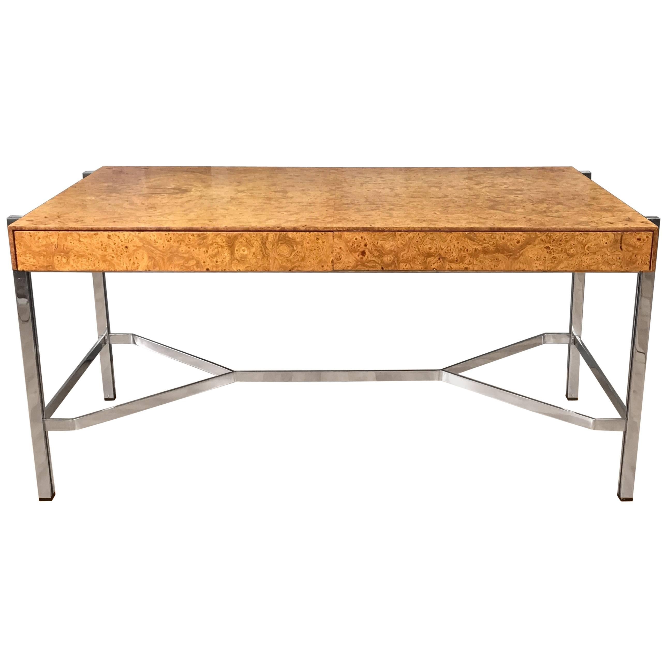 Notable Jack Freidin for Pace Burl Wood and Chrome Desk 