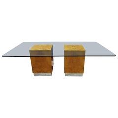 Vintage Milo Baughman Style Double Pedestal Olive Wood Cube Base Dining Table